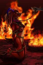 anthro atehrea bondage bondage_gear bound breasts canid canid_demon chained chains demon female fire genitals hell hellhound hi_res hooves horn leash mammal pussy rope rope_bondage rope_harness solo submissive submissive_female tied_breasts