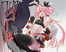 2boys astolfo_(fate) ballbusting balls belly bowtie cock_and_balls_torture faceless_male fate/apocrypha fate_(series) femboy kicking male oerba_yun_fang open_mouth penis pink_hair purple_eyes skirt yaoi