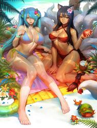 2girls ahri beach beach_towel bikini blue_hair curvy duo female female_only league_of_legends lotion sona_buvelle swimsuit taemin_park tail voluptuous