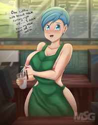 1girls apron apron_only big_breasts blue_eyes blue_hair blush bulma_briefs dragon_ball dragon_ball_super dragon_ball_z english_text hourglass_figure human iced_latte_with_breast_milk lactating_in_glass lactation light-skinned_female light_skin looking_at_viewer magnificentsexygals mature mature_female meme milk milking mother naked naked_apron nipple_slip nipples short_hair speech_bubble text thick_thighs wife