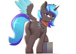 2021 absurd_res alicorn anus ass bedroom_eyes blue_hair cutie_mark equid equine fan_character feathered_wings feathers female feral genitals hair hasbro hi_res hooves horn imadeus jewels_lunar_(oc) looking_back mammal multicolored_hair my_little_pony narrowed_eyes purple_eyes purple_hair pussy quadruped rear_view seductive simple_background smile solo standing teeth two_tone_hair unicorn_horn white_background wings