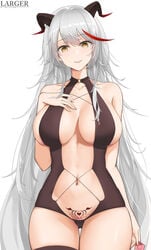 1girls absurdres aegir_(azur_lane) alternate_costume azur_lane breasts center_opening condom condom_wrapper demon_horns eyebrows_visible_through_hair female hand_on_own_chest heart highres holding holding_condom horns impossible_clothes large_breasts larger_bmx long_hair looking_at_viewer multicolored_hair navel pubic_tattoo red_hair silver_hair simple_background single_thighhigh solo spoken_heart streaked_hair tattoo thigh_gap thighhighs two-tone_hair unopened_condom_wrapper very_long_hair white_background yellow_eyes