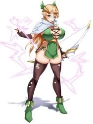 1girls arrow_(projectile) bare_thighs blonde_hair bow_(weapon) breasts cape cleavage cleavage_cutout earrings elf fingerless_gloves gloves green_panties hair_ornament hartman_hips hips hourglass_figure huge_breasts long_hair magic original panties pelvic_curtain pointy_ears skindentation solo tea_texiamato thighhighs thighs torn_clothes very_long_hair white_background wide_hips