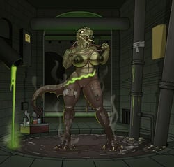 anthro big_breasts body_horror breasts chemical elemental_creature female filthy genitals hi_res huge_breasts lunate mineral_fauna mud mud_creature nipples pipes pussy reptile scalie sewer solo species_transformation story story_in_description tentacle toolbox tools transformation underground