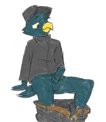 2021 anthro avian balls beak belt bird clothed clothed_masturbation clothing erection feathers foreskin genitals germ_warfare_(nitw) green_body green_feathers hi_res holding_penis humanoid_genitalia humanoid_penis jacket male male_only masturbation night_in_the_woods pants_down partially_clothed partially_retracted_foreskin penile penile_masturbation penis portrait sexylinguini sitting solo three-quarter_portrait topwear video_games