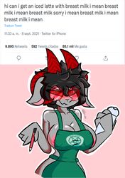 baphomet big_breasts blush bovid cervine demon demon_girl embarrassed female female_only furry goat goat_demon iced_latte_with_breast_milk looking_at_viewer meme nipple_bulge pink_nipples satanic starbucks