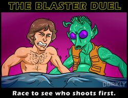 2boys alien alien/human alien_humanoid bed_sheet bodily_fluids body_hair brown_hair chest_hair clenched_teeth dorkly duo english_text gay greedo green_body hair hairy hairy_chest hairy_male han_solo handjob hi_res human human_on_humanoid humanoid humanoid_pointy_ears humor interspecies male male/male male_only mammal mutual_handjob on_bed open_mouth penile purple_background purple_eyes rodian sex simple_background star_wars sweat teeth teeth_clenched text vest yaoi