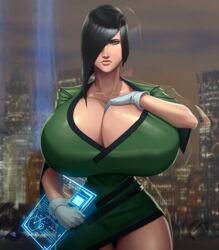 big_breasts black_hair brown_eyes cleavage dress edit gloves green_clothes green_clothing hourglass_figure huge_breasts large_breasts looking_at_viewer mangrowing thick_thighs white_gloves wide_hips