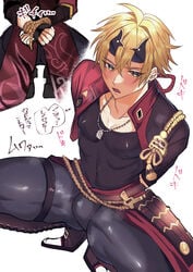 1boy blonde_hair blush bondage bulge bulge_through_clothing erection erection_under_clothes genshin_impact green_eyes japanese_text male male_only rope thoma_(genshin_impact) tied_up tight_pants torobinbinbin