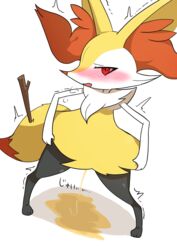 anthro blush bodily_fluids braixen breath embarrassed female genital_fluids hi_res japanese_text milklemon5127 nintendo omorashi peeing pokémon_(species) pokemon pokemon_(species) shaking simple_background solo spread_legs spreading text trembling urine urine_pool urine_stream video_games watersports