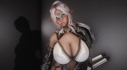 1futa 3d bethesda_softworks big_breasts black_leather breasts cleavage dark_elf elbow_gloves eye_mask fishnet full_cleavage futanari heterochromia katana leather looking_at_viewer nipple_bulge nipples_visible_through_clothing pink_lips pink_lipstick pointy_ears short_ears shoulder_armor shoulder_pad silver_eyes skyrim solo the_elder_scrolls uncensored white_eyes white_hair yellow_eyes