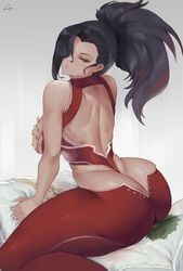 1girls 2021 araneesama artist_signature ass ass_cleavage ass_focus back back_view backless_outfit black_hair body_pillow breasts butt_crack covering_breasts cutesexyrobutts_(style) female female_focus female_only hi_res huge_ass huge_breasts long_hair momo_yaoyorozu my_hero_academia red_clothing straddling thick_thighs thighs tight_clothing tight_fit very_high_resolution