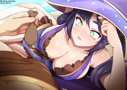 beach coin genshin_impact hat mona_(genshin_impact) neocoill prostitution swimsuit swimwear witch_hat