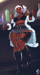 1girls bar black_lipstick boots bottle bra coat_on_shoulders dark-skinned_female dark_skin drink eymbee female female_only fishnet_pantyhose fishnets fur_coat glass hairband holster leaning_back leg_holster looking_at_viewer narrowed_eyes riven_(vaniiiacreamz) shorts smiling smiling_at_viewer solo solo_female thick_thighs weapon white_hair