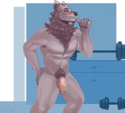 anthro armpit_hair blush body_hair canid canine chest_tuft clothing facial_hair genitals gesture goatee gym hand_on_butt herrmoki male male_only mammal markings_(fur) muscular muscular_male nipples pointing pointing_at_self pubes simple_background smile solo tongue tongue_out tuft weights were werecanid werecanine werewolf yellow_eyes