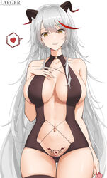 1girls absurdres aegir_(azur_lane) alternate_costume azur_lane breasts center_opening condom condom_wrapper demon_horns eyebrows_visible_through_hair female hand_on_own_chest heart highres holding holding_condom horns impossible_clothes large_breasts larger_bmx long_hair looking_at_viewer multicolored_hair navel pubic_tattoo red_hair silver_hair simple_background single_thighhigh solo spoken_heart streaked_hair tattoo thigh_gap thighhighs two-tone_hair unopened_condom_wrapper very_long_hair white_background yellow_eyes