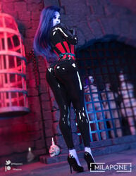 1girls 3d 3d_(artwork) female_only heels hi_res high_heels highres latex latex_suit long_hair looking_at_viewer looking_back milapone overwatch purple_hair purple_skin red_corset solo solo_female solo_focus widowmaker yellow_eyes