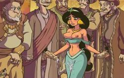 5boys age_difference akabur aladdin alley breasts cum_on_clothes cum_on_crotch cum_on_lower_body cumshot disney disney_princess double_handjob exposed_breasts exposed_pussy handjob harem_outfit multiple_males nipples old_man older_male older_man_and_teenage_girl penis_out princess_jasmine prostitution public_use pulled_down_top shirt_down surrounded veiny_penis