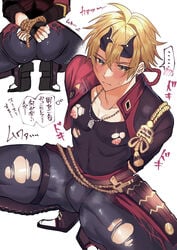 1boy ass blonde_hair blush bondage bulge bulge_through_clothing erection erection_under_clothes genshin_impact green_eyes japanese_text male nipples rope solo_male thoma_(genshin_impact) tight_clothing torn_clothes torobinbinbin