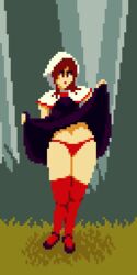 1girls flats kaho_(momodora) lifted_by_self mary_janes momodora momodora:_reverie_under_the_moonlight mostly_clothed pixel_art pm1me1the1d red_eyes red_hair red_legwear red_lipstick red_thighhighs red_underwear solo solo_female standing thick_thighs thighhighs thighs thong upskirt