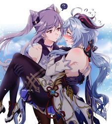 2girls blue_hair blush carrying carrying_partner embarrassed fully_clothed ganyu_(genshin_impact) genshin_impact gloves horns keqing_(genshin_impact) looking_at_partner negom purple_eyes purple_hair romantic very_long_hair yuri