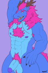 abs absurd_res anthro antlers armpit_hair asian_mythology balls blue_body body_hair chest_tuft dragon east_asian_mythology eastern_dragon genitals hair hi_res horn humanoid_genitalia humanoid_penis male muscular muscular_anthro muscular_male mythology nipple_piercing nipples pecs penis piercing pink_hair pubes purple_nipples solo solo_male tuft wani_panic whiskers