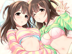 2girls 4:3_aspect_ratio bed blue_bra blue_underwear blush bow bow_bra bra breasts brown_hair cleavage female long_hair long_sleeves looking_at_viewer lying medium_breasts midriff mole mole_under_eye multiple_girls navel o3o off-shoulder_sweater off_shoulder official_art ok_sign on_back on_bed one_eye_closed open_mouth pillow pink_bra puckered_lips sabamizore shirt siblings sidelocks striped striped_shirt sweater tsukada_nari twin twins two_side_up underboob underwear upper_body