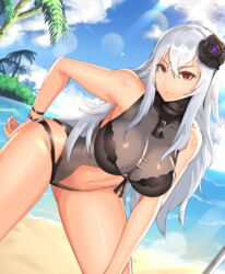 1girls absurdres azur_lane bangs beach bent_over bikini black_bikini black_flower breasts clothing_cutout clyde_s crossed_bangs day dutch_angle female female female_focus female_only flower graf_zeppelin_(azur_lane) graf_zeppelin_(beachside_urd)_(azur_lane) grey_swimsuit hair_between_eyes hair_flower hair_ornament hand_on_hip highres large_breasts layered_swimsuit light_rays long_hair looking_at_viewer navel navel_cutout one-piece_swimsuit outdoors red_eyes silver_hair skindentation smile solo solo_female solo_focus swimsuit turtleneck very_long_hair wristband