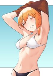 1girls absurdres alternate_costume armpits arms_up bbk_(13zk) bikini bushidokuroi female fire_emblem fire_emblem:_three_houses grin hair_over_shoulder highres leonie_pinelli looking_at_viewer medium_breasts navel nintendo orange_eyes orange_hair side_ponytail simple_background smile solo swimsuit undressing white_bikini white_swimsuit