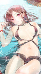 bare_shoulders breasts brown_hair cleavage cowboy_shot ear_piercing fate/grand_order fate_(series) female female hair_between_eyes high_resolution looking_at_viewer medium_breasts midriff navel open_fly piercing red_eyes short_shorts shorts sleeveless solo stomach tomozero unzipped vampire water yu_miaoyi_(fate)