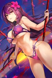 alraco bangs bare_shoulders bikini blush breasts cameltoe cleavage fate/grand_order fate_(series) female female flower gae_bolg gradient_sky hair_between_eyes hair_flower hair_intakes hair_ornament hibiscus high_resolution highleg highleg_bikini highleg_swimsuit holding_weapon lancer_(fate/grand_order) large_breasts long_hair looking_at_viewer nail_polish navel ocean parted_lips pixiv_id_5383046 polearm purple_bikini purple_hair purple_sky red_eyes scathach_(fate) scathach_(swimsuit_assassin) sky solo spear sunset swimsuit thighs twilight underboob weapon