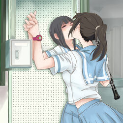 2girls against_wall black_hair breasts_to_breasts brown_hair brunette clothed clothing half-closed_eyes hand_holding hibike!_euphonium hime_cut interlocked_fingers kasaki_nozomi kissing kitauji_high_school_uniform lesbian_kiss light-skinned_female long_hair narrowed_eyes oboe pale-skinned_female pinned pinned_to_wall ponytail room school_uniform schoolgirl watch white_skin yoroizuka_mizore yuri