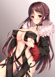 bangs black_dress black_panties black_underwear blush breast_grab breast_hold breasts brown_hair cameltoe center_opening choker clavicle cleavage closed_mouth consort_yu_(fate/grand_order) dress earrings erect_nipples erect_nipples_under_clothes fate/grand_order fate_(series) female fukuda_shuushi fur_trim groping high_resolution highleg highleg_panties hip_focus hips jewelry large_breasts long_hair looking_at_viewer navel nipples no_bra pantsu red_eyes revealing_clothes smile solo strapless strapless_dress thighs underwear yu_miaoyi_(fate)