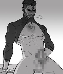 1boy beard biting_clothes biting_shirt censored_penis male_only masturbation mosaic_censoring overwatch reaper soldier_24_reaper solo solo_male vannshey_(artist)