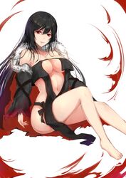 akuta_hinako bangs barefoot black_dress black_hair blood blood_from_mouth breasts center_opening choker clavicle cleavage dress fate/grand_order fate_(series) feet female fur_trim hair_between_eyes high_resolution large_breasts long_hair looking_at_viewer navel open_mouth pixiv_id_10036922 red_eyes sitting solo strapless strapless_dress very_high_resolution very_long_hair yu_miaoyi_(fate) zcheng_weibing