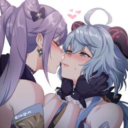 2girls ahoge bare_shoulders blue_hair closed_eyes earrings ganyu_(genshin_impact) genshin_impact horns imminent_kiss keqing_(genshin_impact) looking_at_partner negom purple_hair twintails yuri