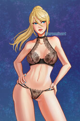 bangs beauty_mark blonde_hair blue_eyes blue_fingernails bottomless erominart female hair_between_eyes hands_on_hips high_ponytail lingerie medium_breasts medium_hair metroid mole_under_mouth night night_sky ponytail samus_aran see-through see-through_clothing solo standing toned_female