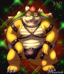 1boy anthro bara bowser bulge claws cock_ring furry gay harness homosexual horn horns huge_cock koopa leather leather_cuffs leather_harness leather_underwear looking_at_viewer male male_focus male_only mario_(series) muscle muscular muscular_anthro muscular_male nipple_piercing nipples pecs pectorals shell solo spiked_bracelet spiked_collar spiky_hair underwear yunartsn