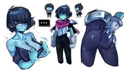 1girls androgynous armor ass big_breasts blue_skin deltarune doppel edit female_only gloves hair_over_eyes kris_(deltarune) kris_female_(deltarune) red_eyes rule_63 spandex sweat tagme toby_fox