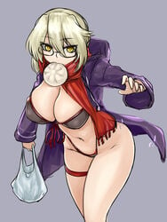 absurd_res alternate_breast_size artoria_pendragon artoria_pendragon_(alter) big_breasts bikini cleavage dumpling fate/grand_order fate_(series) female food glasses highres huge_breasts massive_breasts mysterious_heroine_x mysterious_heroine_x_(alter) servantverse steamingtofu string_bikini swimsuit thick_thighs thong