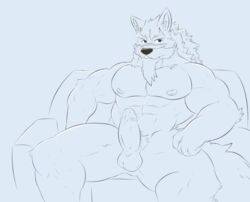 2021 abs anthro balls beard biceps biped canid canine canis erection facial_hair frankescobarx genitals humanoid_genitalia humanoid_penis law_(sdorica_sunset) line_art male mammal muscular muscular_anthro muscular_male nipples pecs penis sdorica solo spread_legs spreading wolf