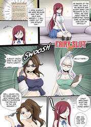 blue_eyes brown_eyes brown_hair cana_alberona clothes comic erza_scarlet fairy_tail ggc glasses mirajane_strauss oppai ponytail red_hair white_hair yuri