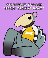 2021 absurd_res animal_crossing anteater anthro antonio_(animal_crossing) balls bottomless clothed clothing cringebird dialogue digital_media_(artwork) english_text erection fluffy fluffy_tail fur furry furry_only genitals giant_anteater hi_res humanoid_genitalia long_snout looking_at_viewer male male_only mammal nintendo partially_clothed penis pilosan presenting presenting_penis shirt snout solo tagme tail tank_top text topwear video_games xenarthran