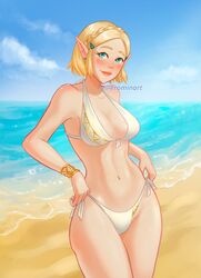 1girls beach bikini blonde_hair blue_eyes blush breath_of_the_wild ear_piercing erominart pointy_ears princess_zelda short_hair smile smiling solo solo_focus swimsuit tears_of_the_kingdom the_legend_of_zelda twitter_username watermark white_bikini wide_hips wristband zelda_(tears_of_the_kingdom)