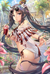 1girls akuta_hinako ass bangs bare_shoulders bikini bottle breasts brown_eyes brown_hair building bushes castle cleavage cloud consort_yu_(fate/grand_order) cup disposable_cup drink drinking_straw earrings eyewear_on_head fate/grand_order fate_(series) female female_ass flower food fruit hair_ornament hairclip high_resolution jewelry lancer_(yu_miaoyi) leaf legs legs_together light_pole light_rays long_hair medium_breasts megane multiple_earrings navel open_clothes open_mouth open_shirt palm_tree piercing pole robe see-through sky smoothie solo strawberry sunbeam sunglasses sunlight swimsuit thighs thighs_together tied_hair torino_akua tree twintails twitter very_long_hair white_bikini white_swimsuit yu_miaoyi_(fate) yu_miaoyi_(swimsuit_lancer)