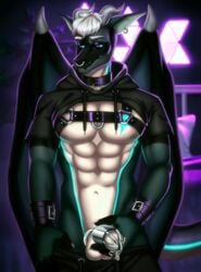 abs animated anthro bottomwear chastity_cage chastity_device chastity_piercing clothing collar dragon facial_piercing genital_piercing genitals glowing glowing_eyes glowing_markings grin hair harness hoodie horn looking_at_viewer male markings muscular neon nipple_piercing nipples one_eye_closed pants penis penis_piercing permanent permanent_chastity piercing prince_albert_piercing short_playtime slave smile solo submissive topwear wings wink xargos xionus