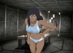 1girls anaxus angry avatar_the_last_airbender bra dark-skinned_female female female_only fit fit_female frown frowning glare glaring korra large_breasts looking_at_viewer nickelodeon panties sports_bra sportswear the_legend_of_korra thighs underwear