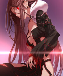 akuta_hinako assassin black_collar black_dress black_hair black_jacket breasts brown_hair choker cleavage collar dress ear_piercing fate/grand_order fate_(series) female female fur-trimmed_jacket fur_trim high_resolution hinomoto_madoka jacket long_hair long_sleeves looking_at_viewer medium_breasts piercing red_eyes revealing_clothes revision sleeves_past_wrists solo strapless strapless_dress very_high_resolution very_long_hair yu_miaoyi yu_miaoyi_(fate)