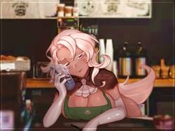 apron's armwear artist big_breasts brown_body brown_eyes cookie cookie_run cup green_apron iced_latte_with_breast_milk kumo_zd latte_cookie_(cookie_run) meme starbucks tag_me tagme tagme_pretty_please_with_a_cherry_on_top white_hair