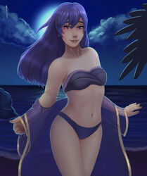 1girls alternate_costume b-side7715 bare_shoulders bikini blue_bikini blue_eyes blue_hair blue_swimsuit breasts coat female female_only fire_emblem fire_emblem_awakening full_moon long_hair looking_at_viewer lucina_(fire_emblem) moon night nintendo ocean outdoors robe seaside small_breasts smile solo swimsuit undressing water